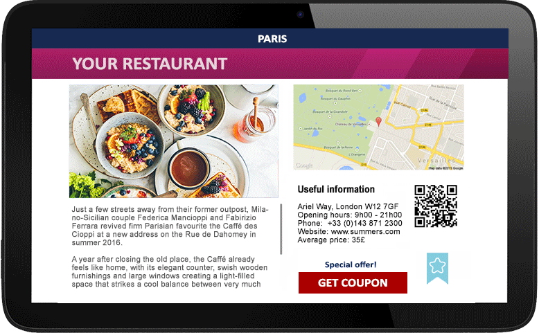 publicidad de restaurantes en pantallas y revistas digitales a bordo